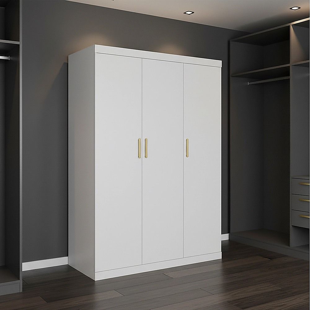 3 Door White Wardrobe – Gold Handles, Hanging Rail & Shelves