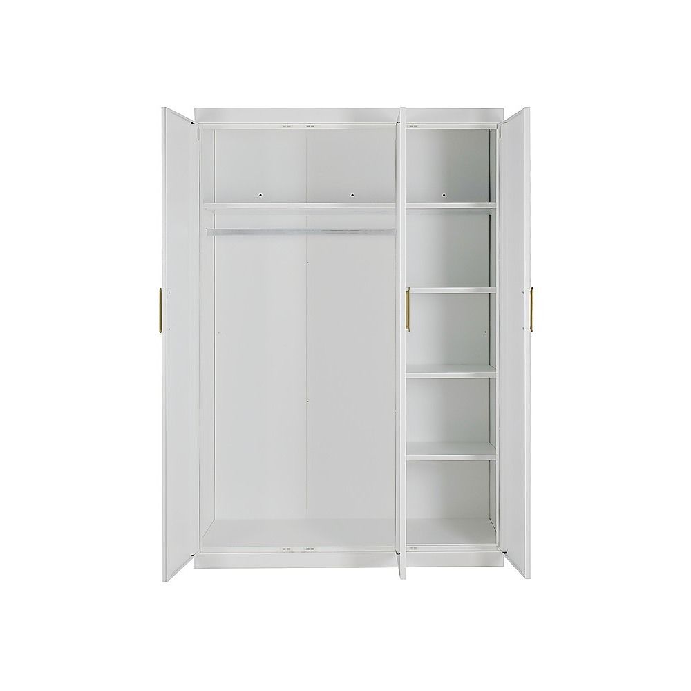 3 Door White Wardrobe – Gold Handles, Hanging Rail & Shelves