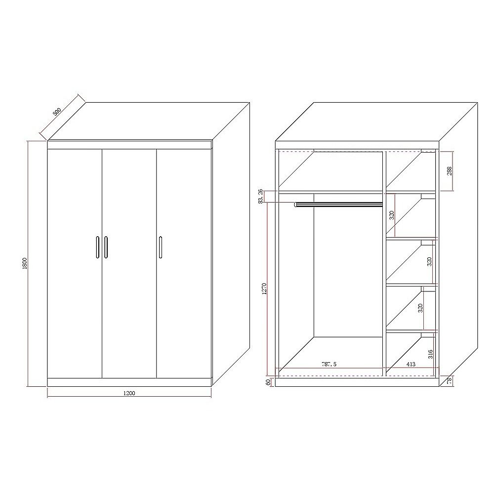 3 Door White Wardrobe – Gold Handles, Hanging Rail & Shelves