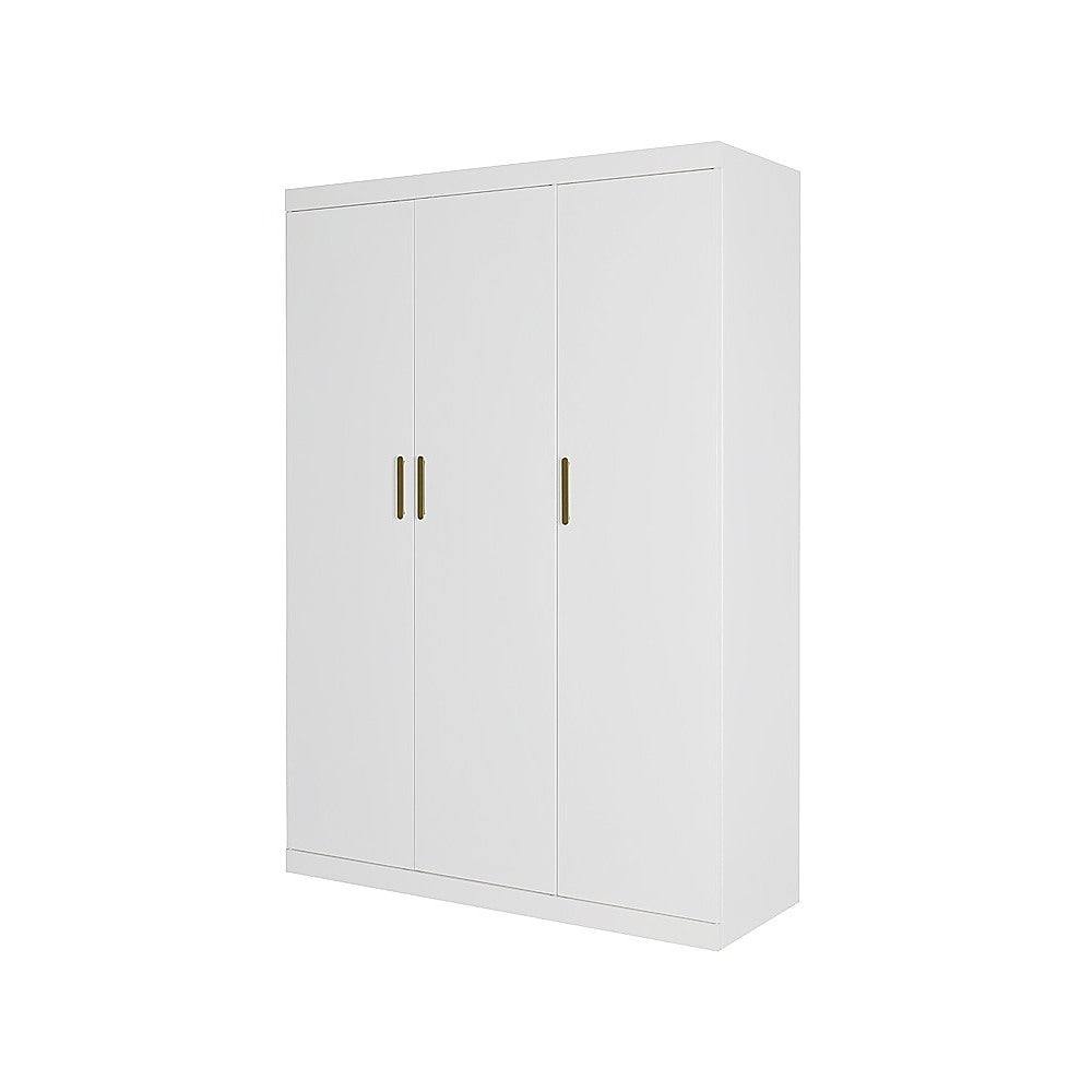 3 Door White Wardrobe – Gold Handles, Hanging Rail & Shelves - YDS.com.au