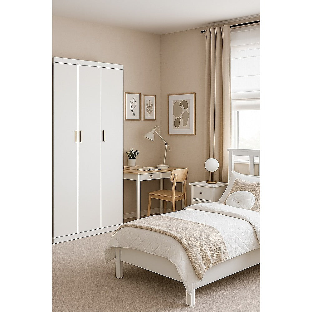 3 Door White Wardrobe – Gold Handles, Hanging Rail & Shelves - YDS.com.au