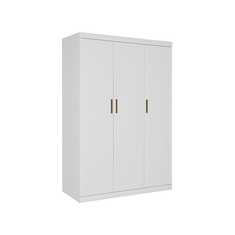 3 Door White Wardrobe – Gold Handles, Hanging Rail & Shelves - YDS.com.au