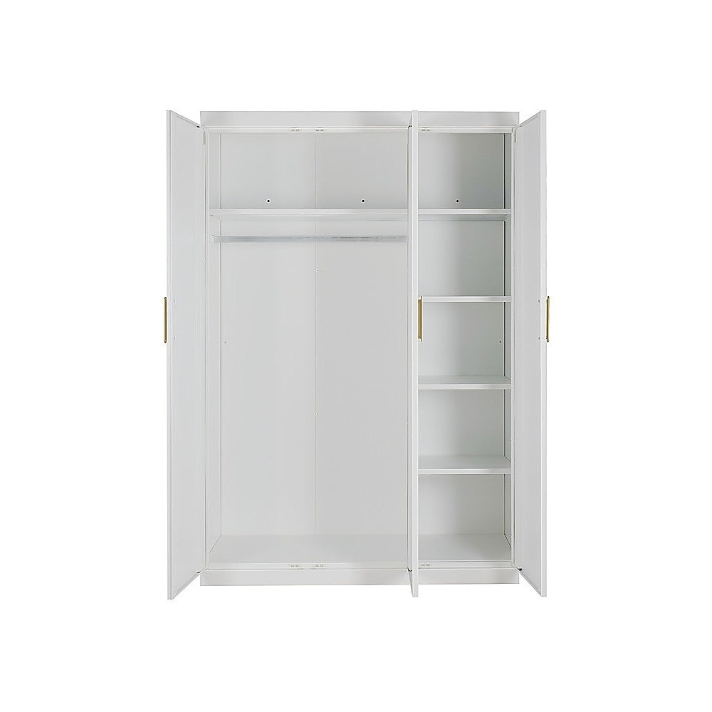 3 Door White Wardrobe – Gold Handles, Hanging Rail & Shelves - YDS.com.au