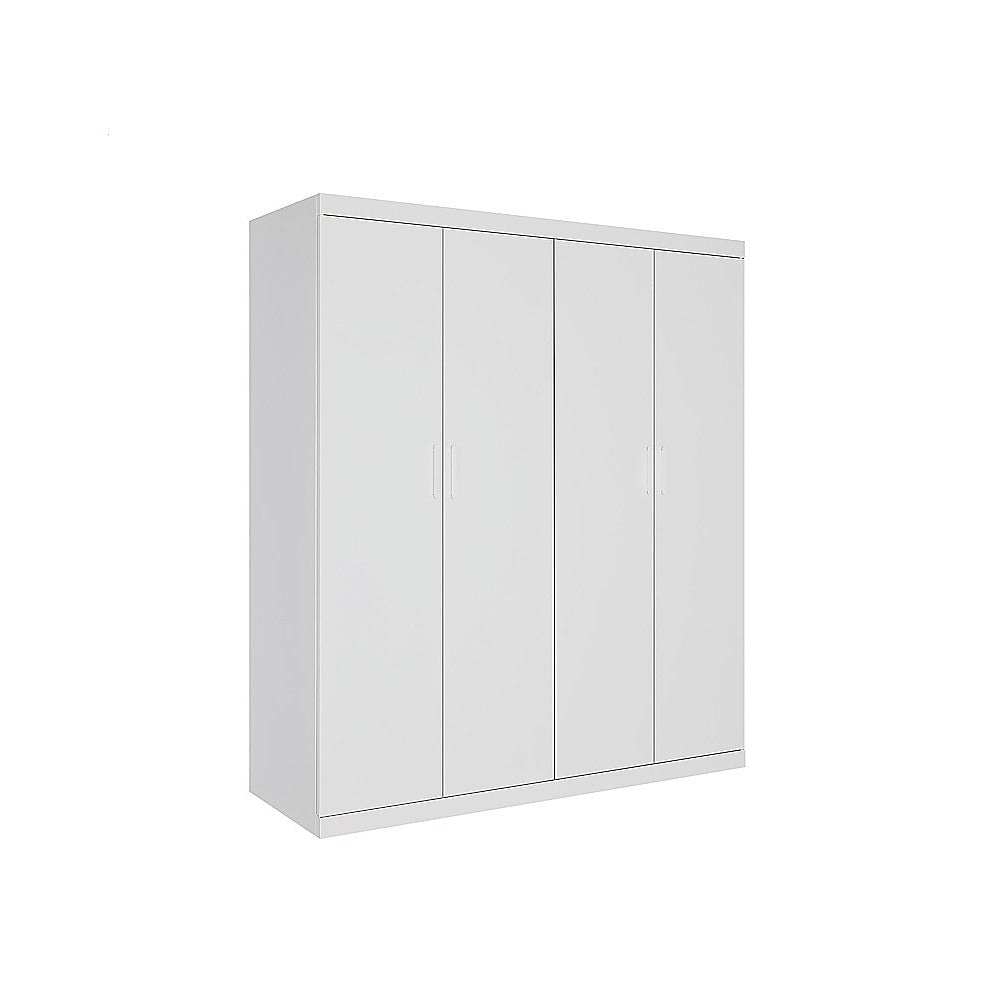 4 Door White Wardrobe Cabinet – Hanging Rail, Shelves & White Handles - YDS.com.au