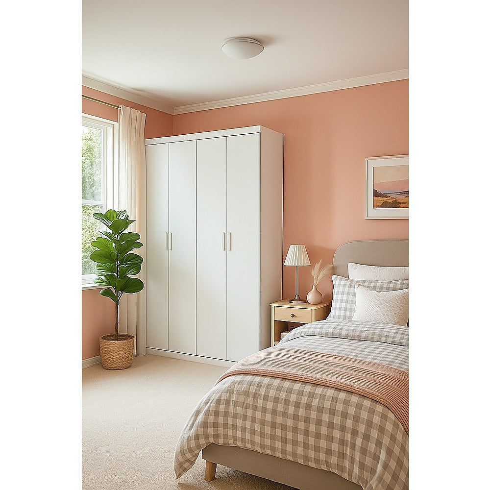 4 Door White Wardrobe Cabinet – Hanging Rail, Shelves & White Handles - YDS.com.au