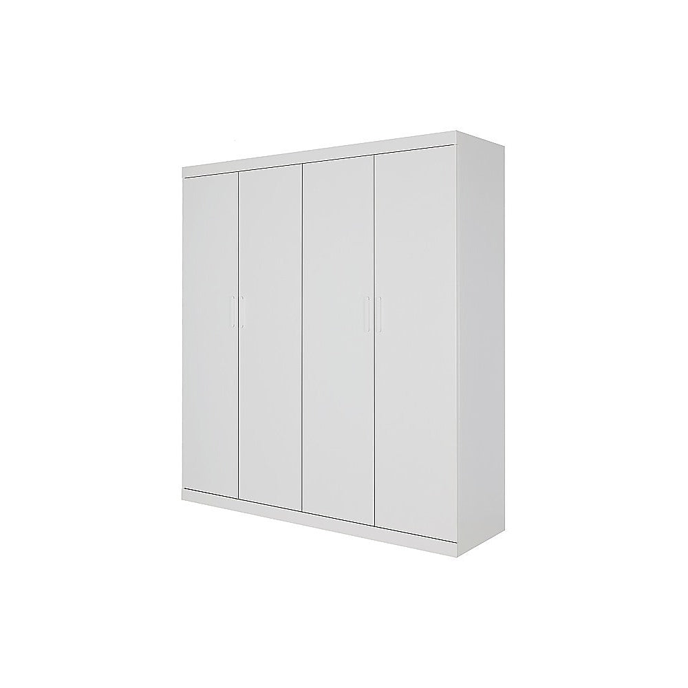 4 Door White Wardrobe Cabinet – Hanging Rail, Shelves & White Handles - YDS.com.au