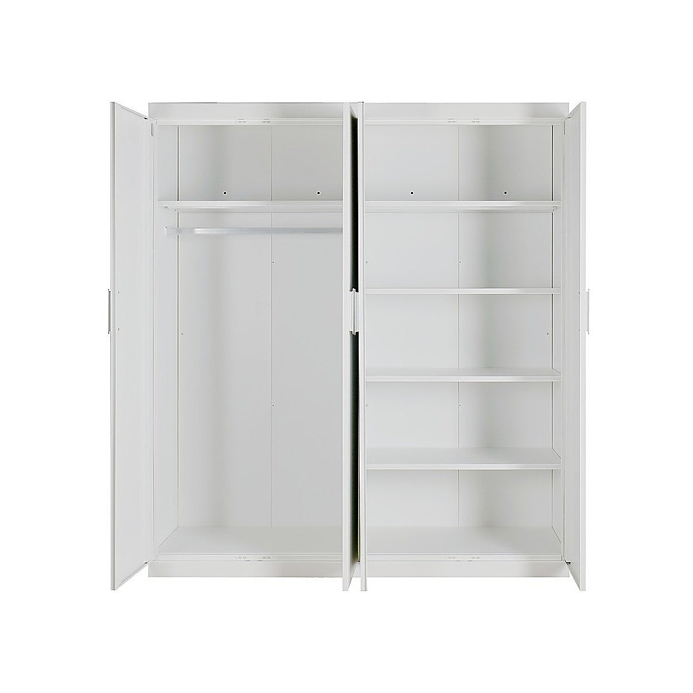 4 Door White Wardrobe Cabinet – Hanging Rail, Shelves & White Handles - YDS.com.au