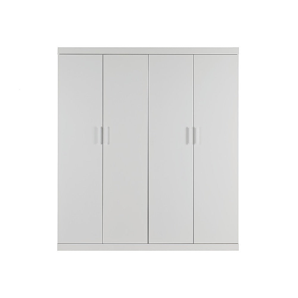 4 Door White Wardrobe Cabinet – Hanging Rail, Shelves & White Handles - YDS.com.au
