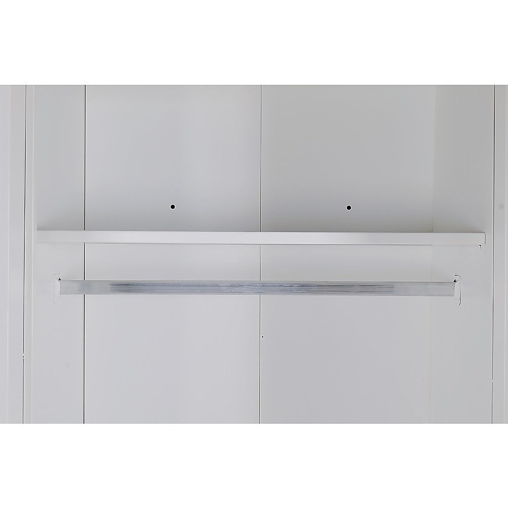 4 Door White Wardrobe Cabinet – Hanging Rail, Shelves & White Handles - YDS.com.au
