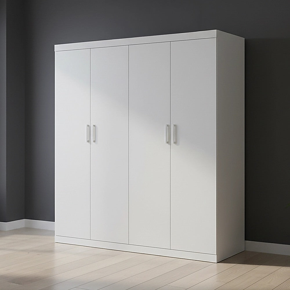 4 Door White Wardrobe Cabinet – Hanging Rail, Shelves & White Handles