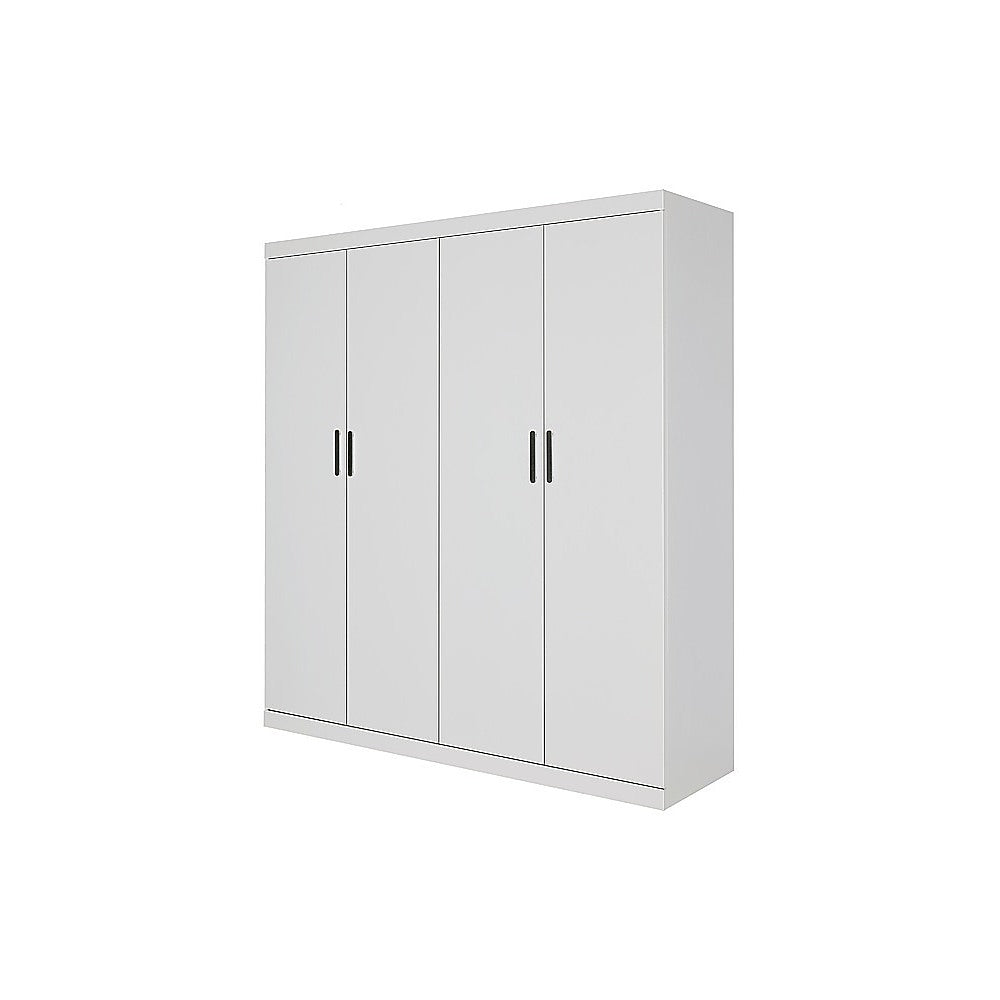 4 Door White Wardrobe Cabinet – Hanging Rail, Shelves & Black Handles - YDS.com.au
