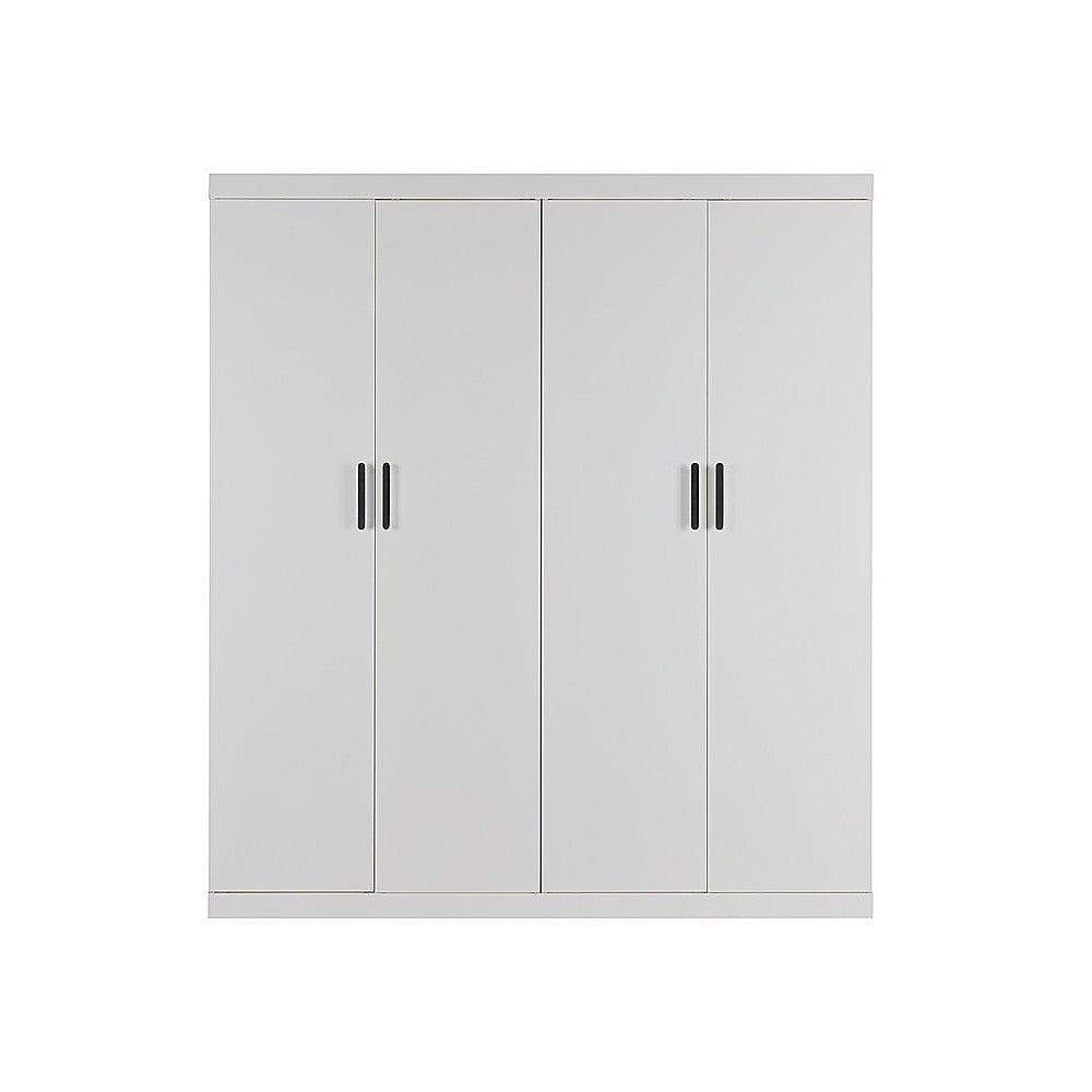 4 Door White Wardrobe Cabinet – Hanging Rail, Shelves & Black Handles - YDS.com.au