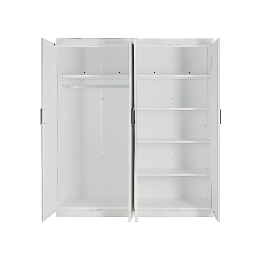 4 Door White Wardrobe Cabinet – Hanging Rail, Shelves & Black Handles - YDS.com.au
