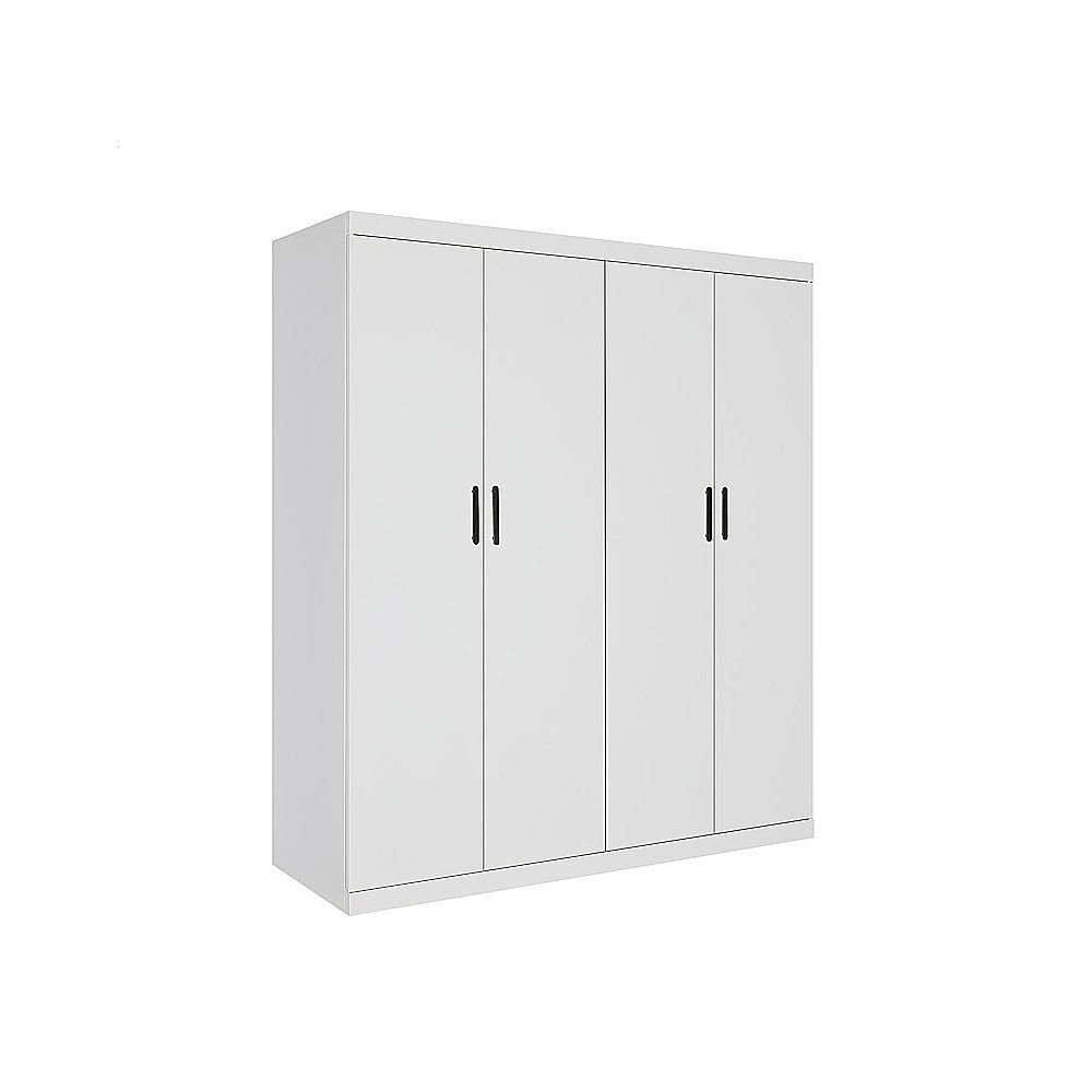 4 Door White Wardrobe Cabinet – Hanging Rail, Shelves & Black Handles - YDS.com.au