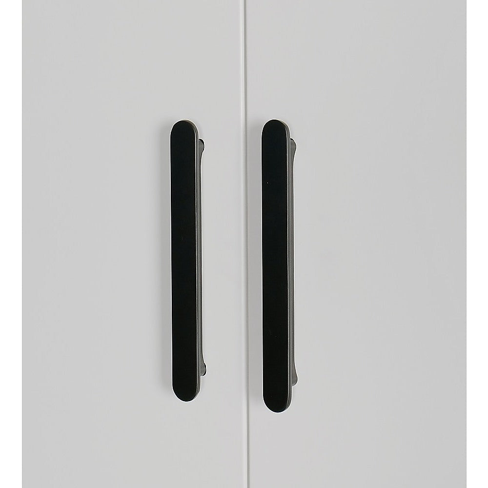 4 Door White Wardrobe Cabinet – Hanging Rail, Shelves & Black Handles - YDS.com.au