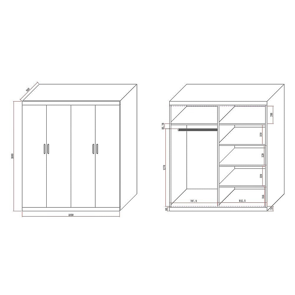 4 Door White Wardrobe Cabinet – Hanging Rail, Shelves & Black Handles - YDS.com.au