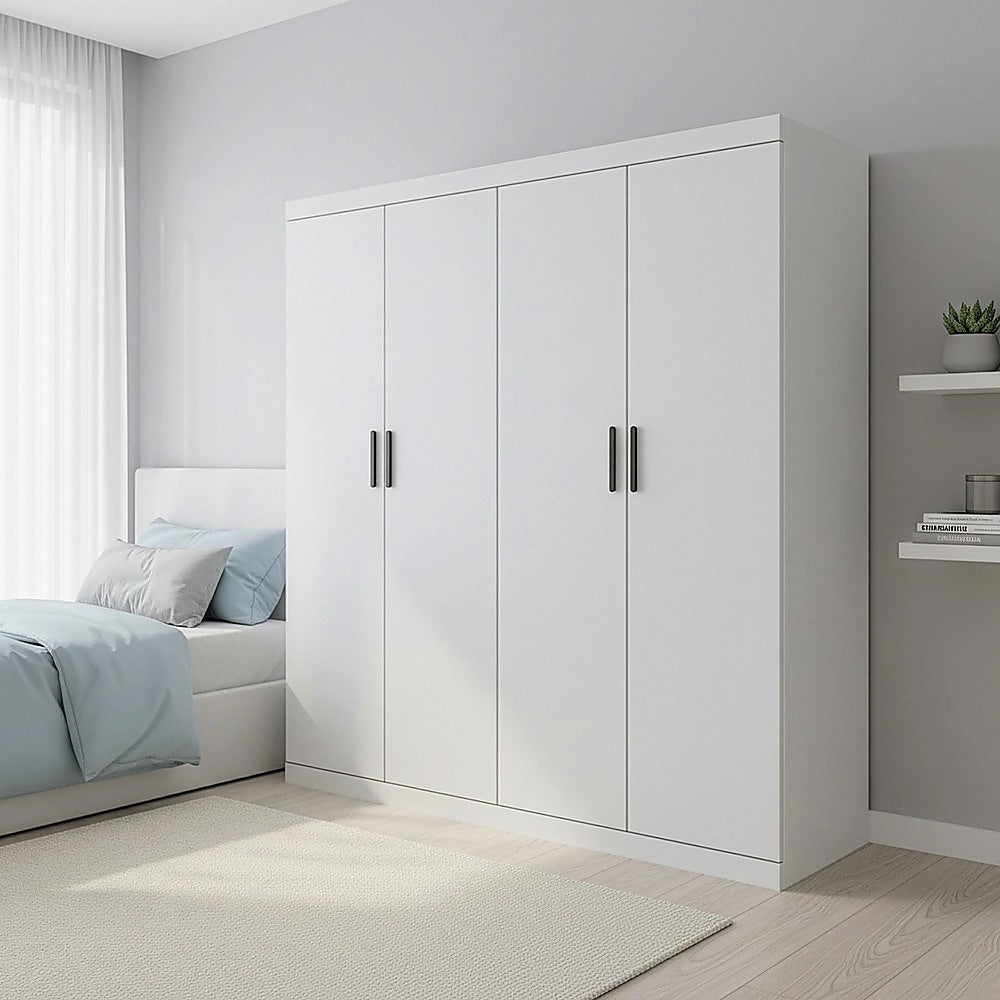 4 Door White Wardrobe Cabinet – Hanging Rail, Shelves & Black Handles - YDS.com.au