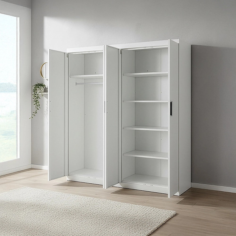 4 Door White Wardrobe Cabinet – Hanging Rail, Shelves & Black Handles - YDS.com.au