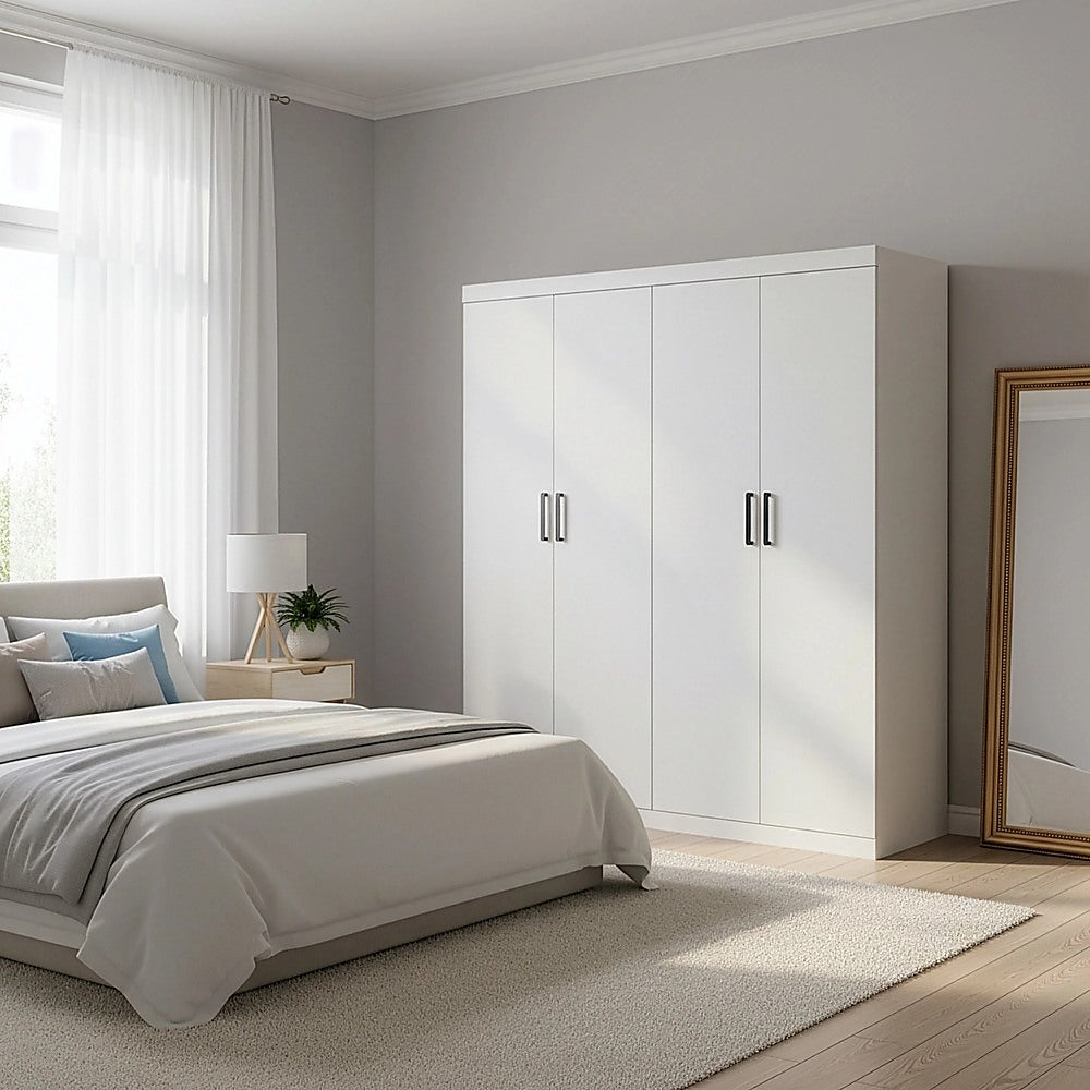 4 Door White Wardrobe Cabinet – Hanging Rail, Shelves & Black Handles - YDS.com.au