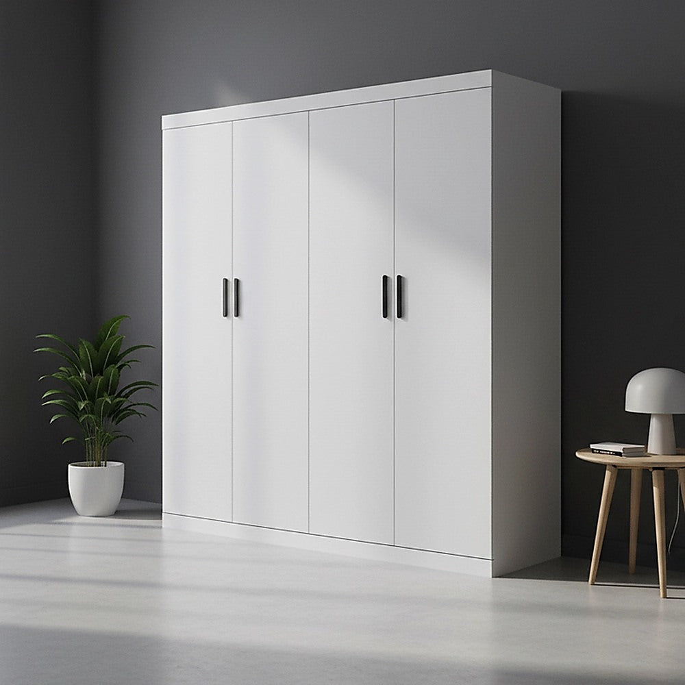 4 Door White Wardrobe Cabinet – Hanging Rail, Shelves & Black Handles