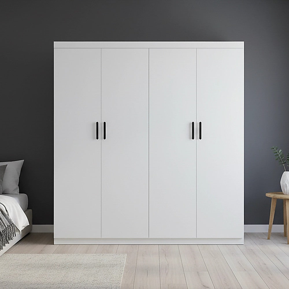 4 Door White Wardrobe Cabinet – Hanging Rail, Shelves & Black Handles