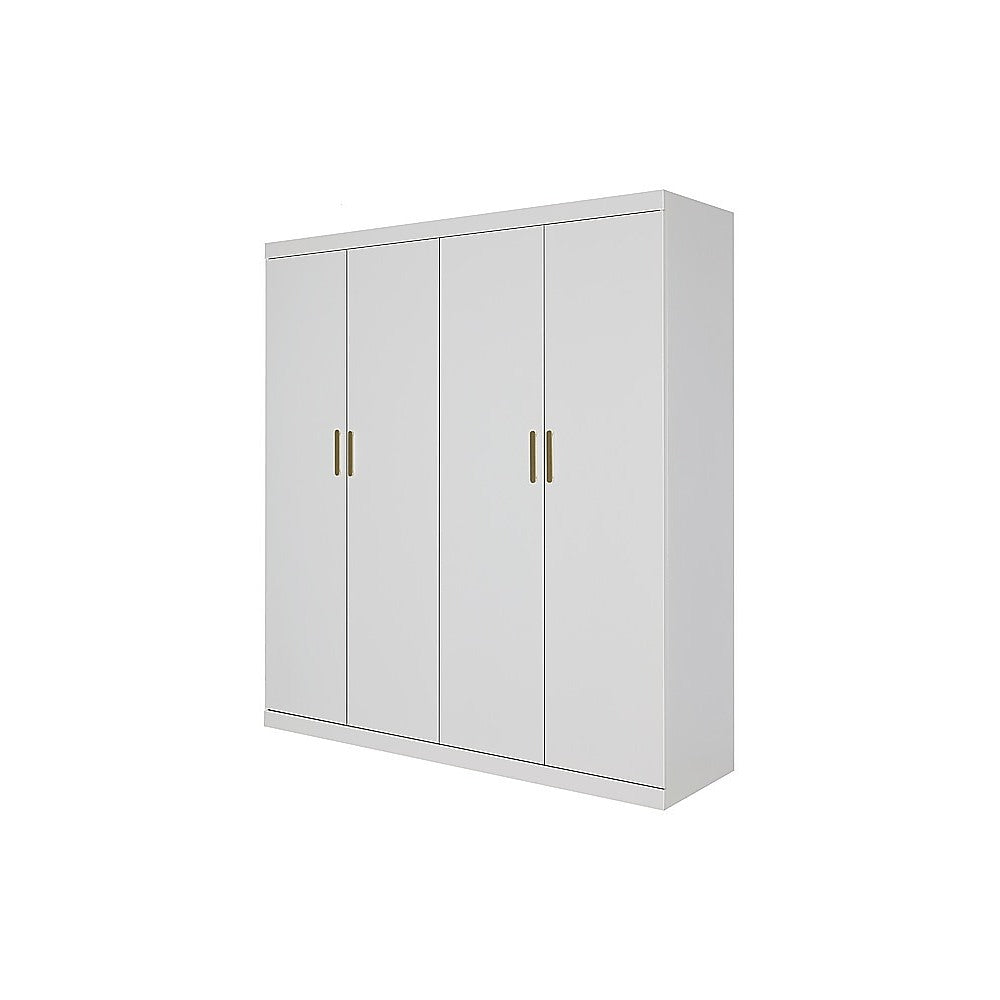 4 Door White Wardrobe Cabinet – Hanging Rail, Shelves & Gold Handles - YDS.com.au