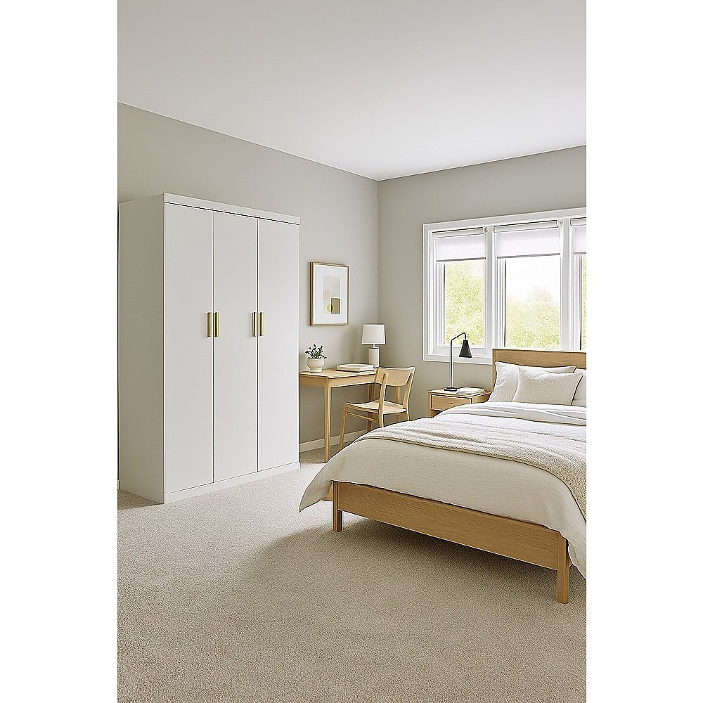 4 Door White Wardrobe Cabinet – Hanging Rail, Shelves & Gold Handles - YDS.com.au