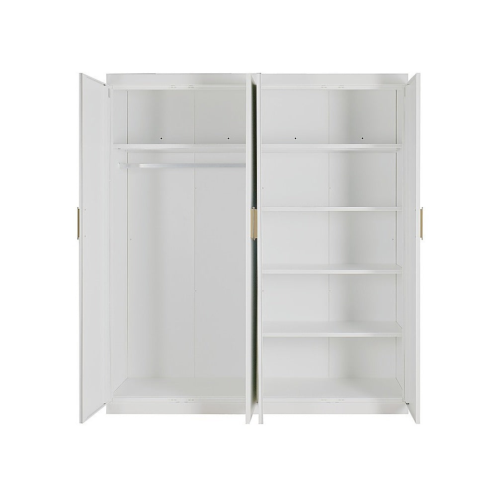 4 Door White Wardrobe Cabinet – Hanging Rail, Shelves & Gold Handles - YDS.com.au