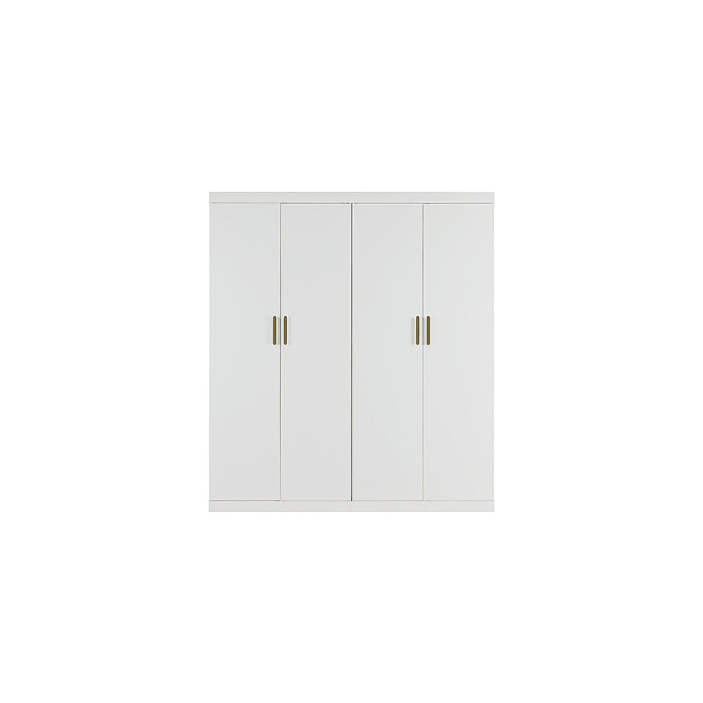 4 Door White Wardrobe Cabinet – Hanging Rail, Shelves & Gold Handles - YDS.com.au