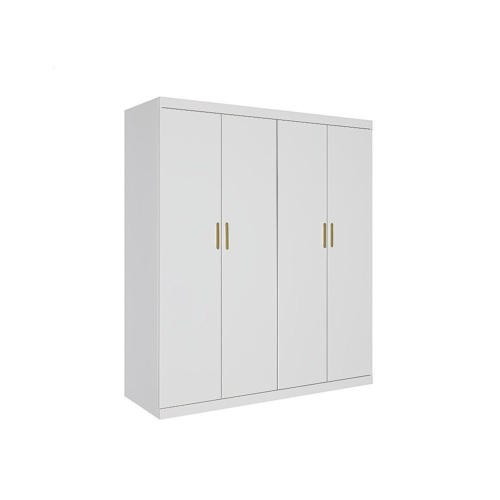 4 Door White Wardrobe Cabinet – Hanging Rail, Shelves & Gold Handles - YDS.com.au