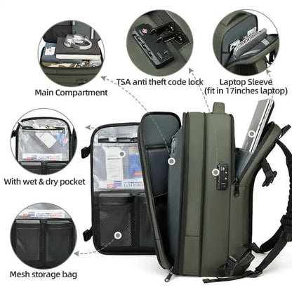 Army Green Expandable Waterproof Laptop Backpack - Fits 17-Inch Laptop, Anti-Theft Design, Travel Friendly