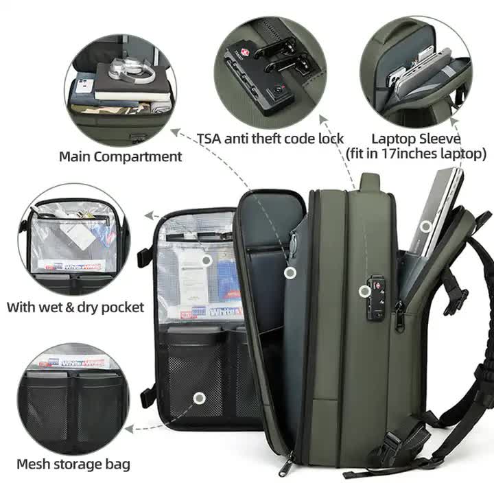 Black Expandable Waterproof Laptop Backpack - Fits 17-Inch Laptop, Anti-Theft Design, Travel Friendly