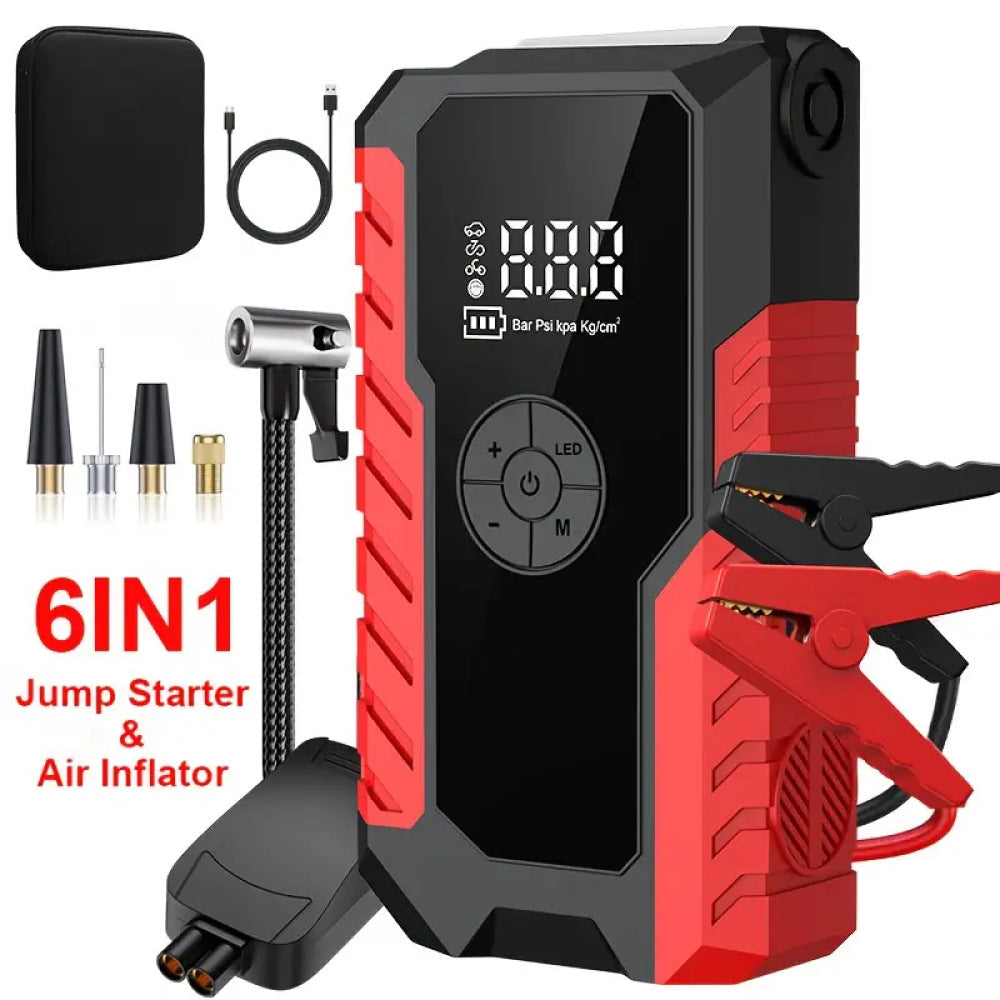 GL901 6-in-1 Portable Jump Starter and Air Inflator with LED Display - Multi-Function Emergency Power Pack