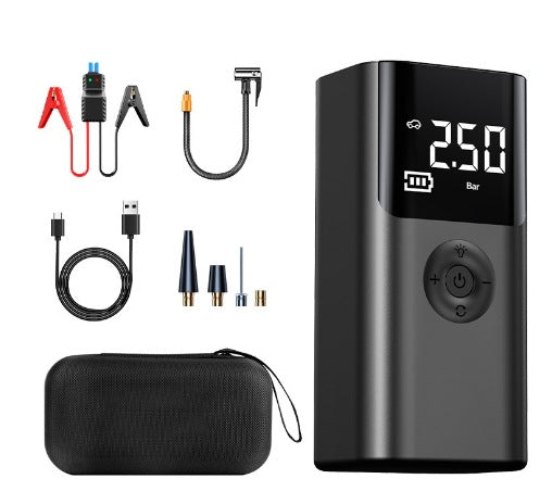 10000 mAh Portable Multifunctional Car Jump Starter & Tire Inflator - All-in-One 12V Device with Phone Charging, LED Lighting, and Pressure Gauge