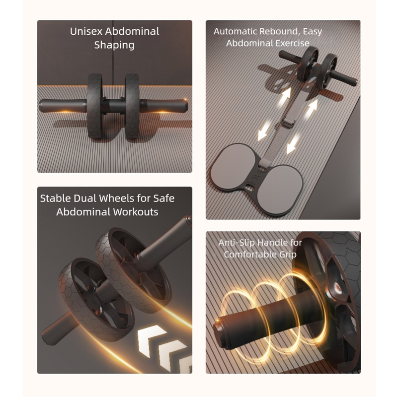 Grey Assisted Rebound Ab Roller with Foldable Knee Pad - Dual Wheel Core Trainer for Home Gym