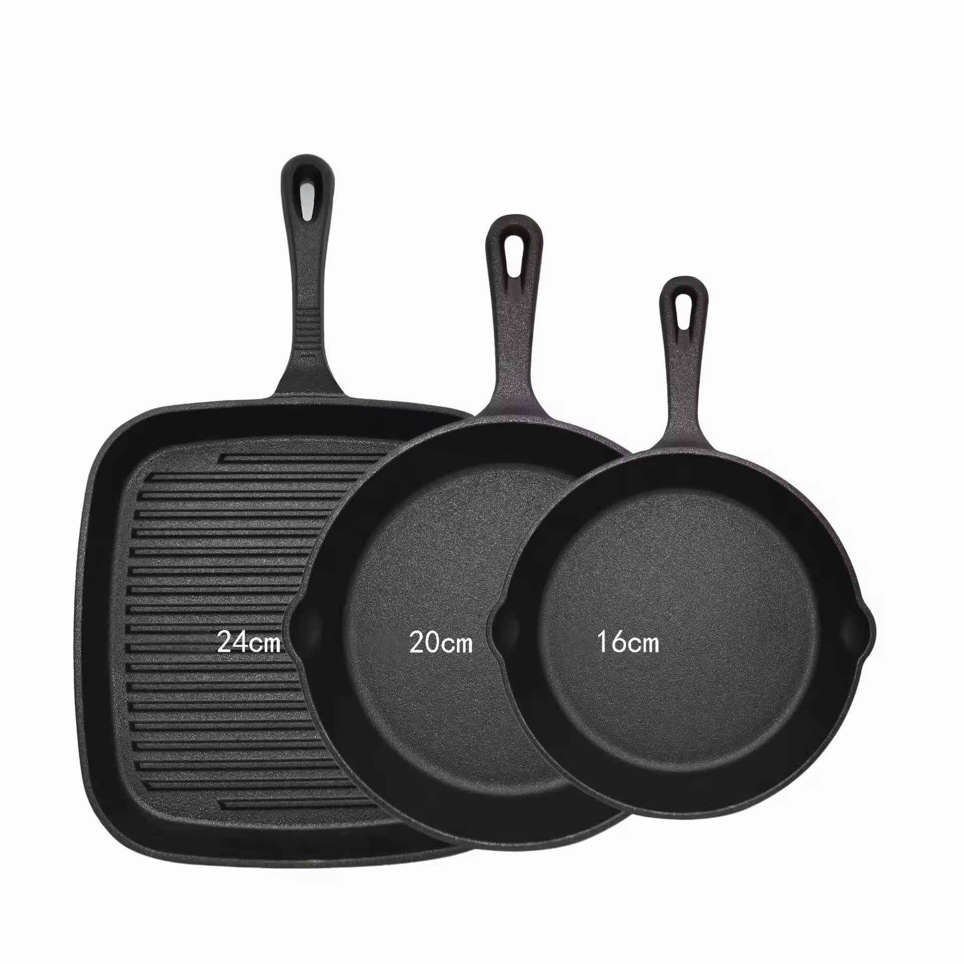 Three-piece set Heavy Duty Cast Iron Skillet & Grill Pan Thickened Vintage Style Cookware for Steak Breakfast & Camping