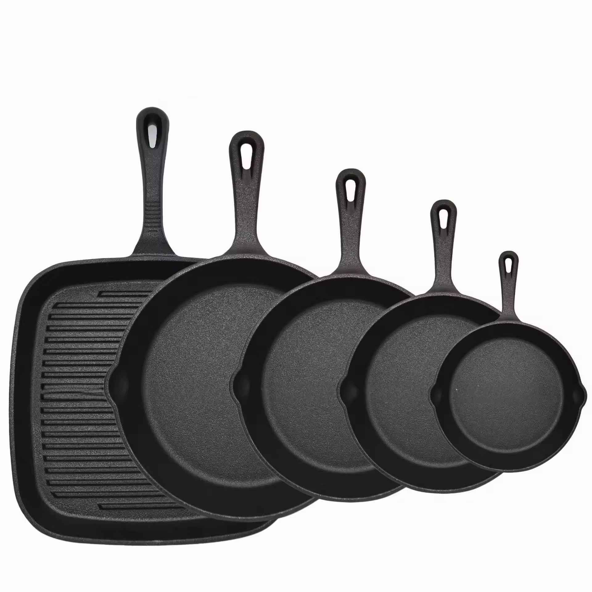 Five-piece set Heavy Duty Cast Iron Skillet & Grill Pan Thickened Vintage Style Cookware for Steak Breakfast & Camping