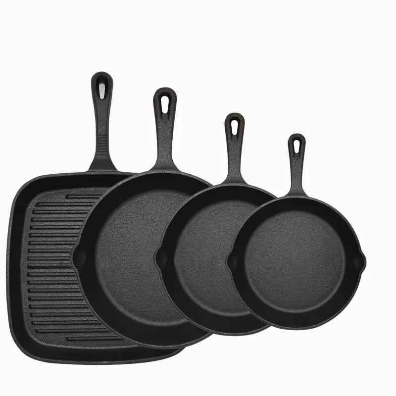 Four-piece set Heavy Duty Cast Iron Skillet & Grill Pan Thickened Vintage Style Cookware for Steak Breakfast & Camping