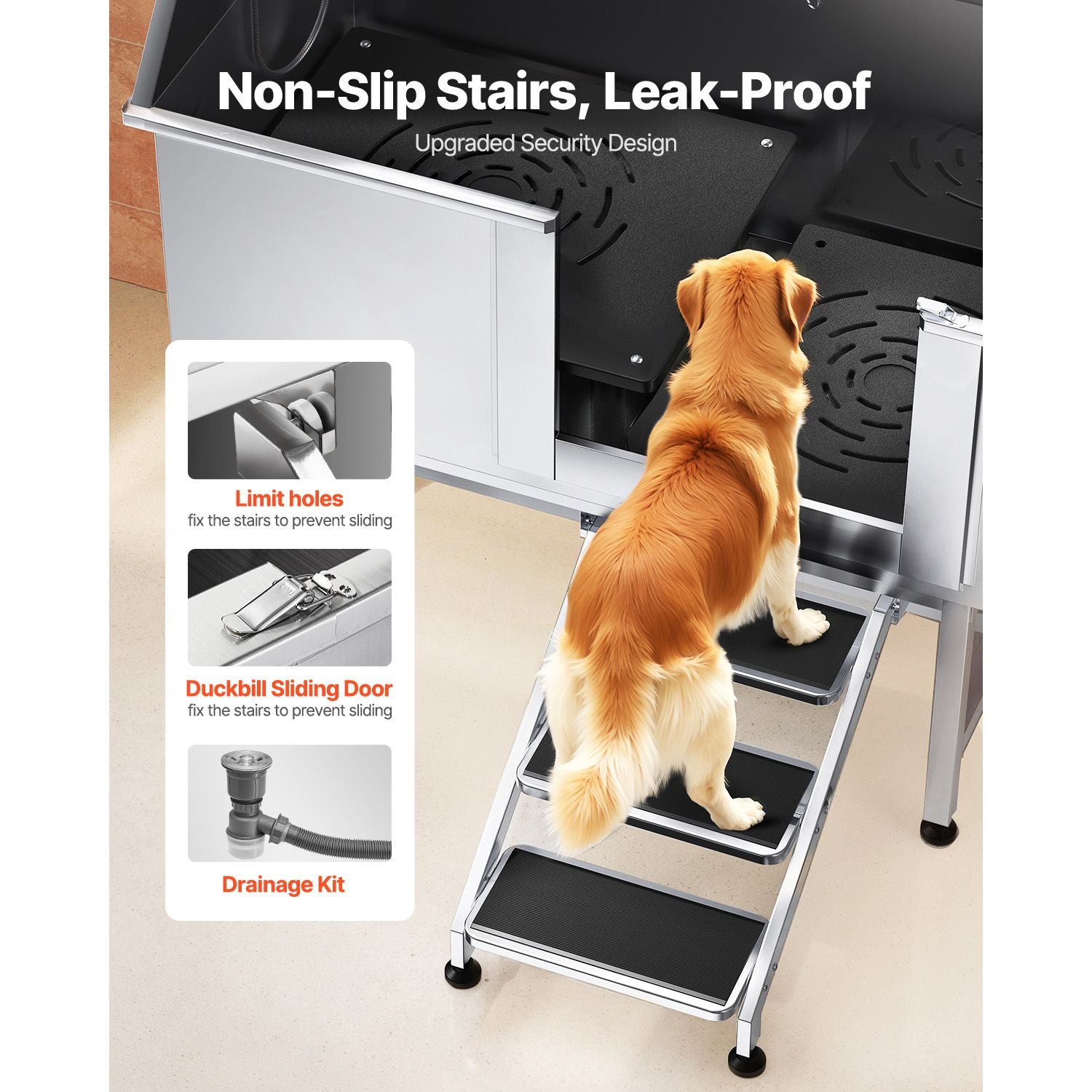 127 cm Dog Grooming Bath Tub Stainless Steel w Stairs Water Filter