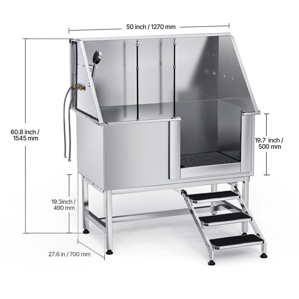 127 cm Dog Grooming Bath Tub Stainless Steel w Stairs Water Filter