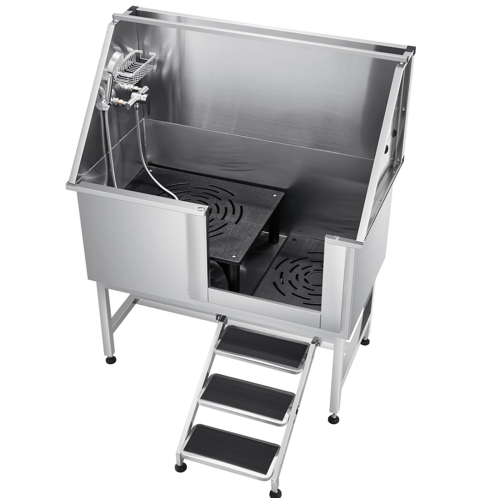 VEVOR 127 cm Dog Grooming Bath Tub Stainless Steel w Stairs Water Filter