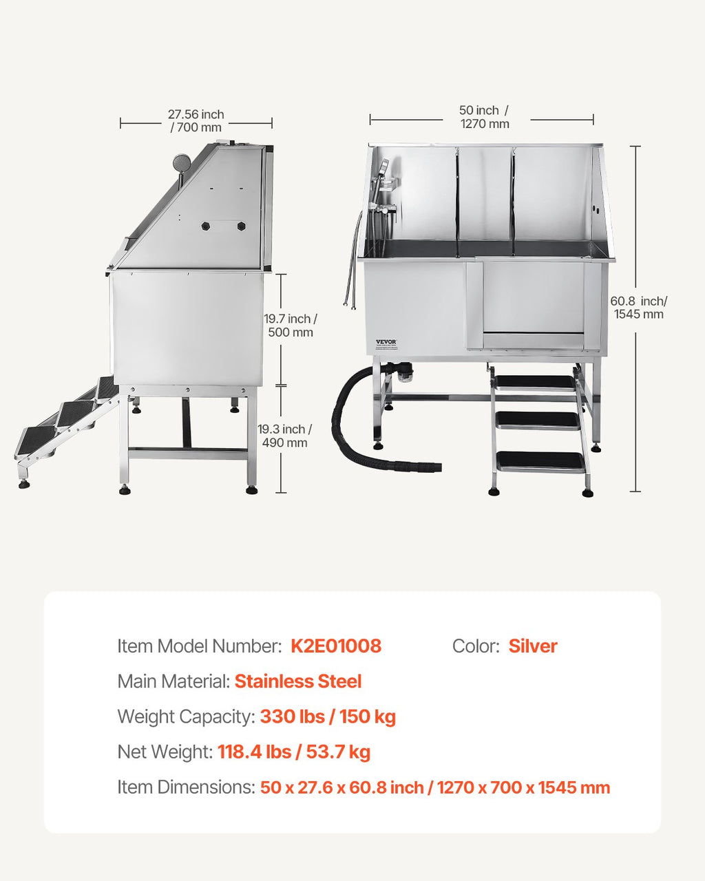 VEVOR 127 cm Dog Grooming Bath Tub Stainless Steel w Stairs Water Filter