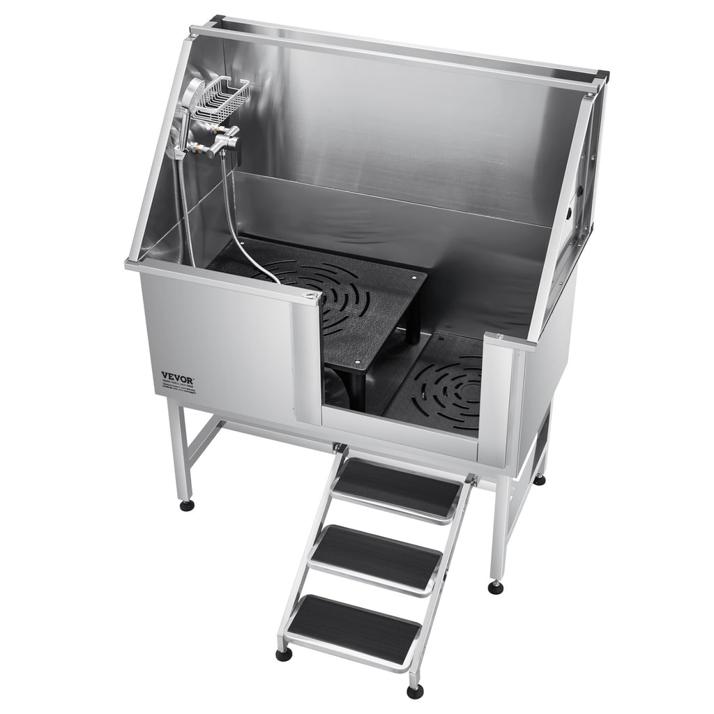 VEVOR 127 cm Dog Grooming Bath Tub Stainless Steel w Stairs Water Filter