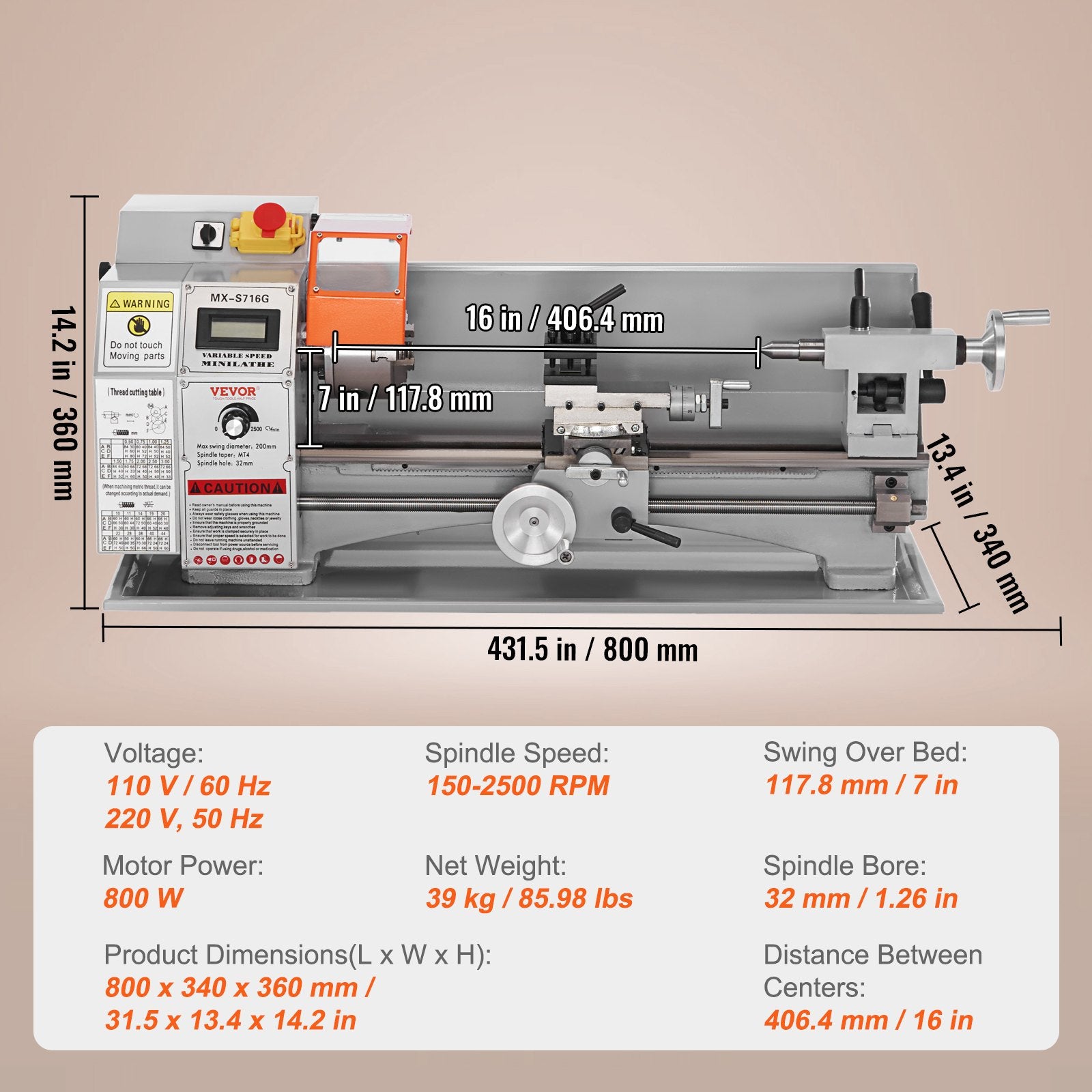 VEVOR Mini Metal Lathe Machine, 180 x 400 mm, 800W Precision Benchtop Power Metal Lathe, 150-2500 RPM Continuously Variable Speed, with 3-jaw Metal Chuck Tool Box for Processing Precision Parts
