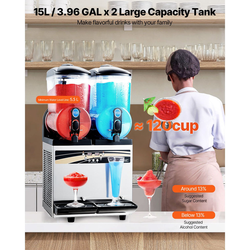 Commercial Frozen Drink Maker, 15Lx2 Double Tank Slushy Machine, 120 Cups Stainless Steel Margarita Smoothie Frozen Drink Machine, Slushie Maker for Home Party Restaurants Cafe Bars
