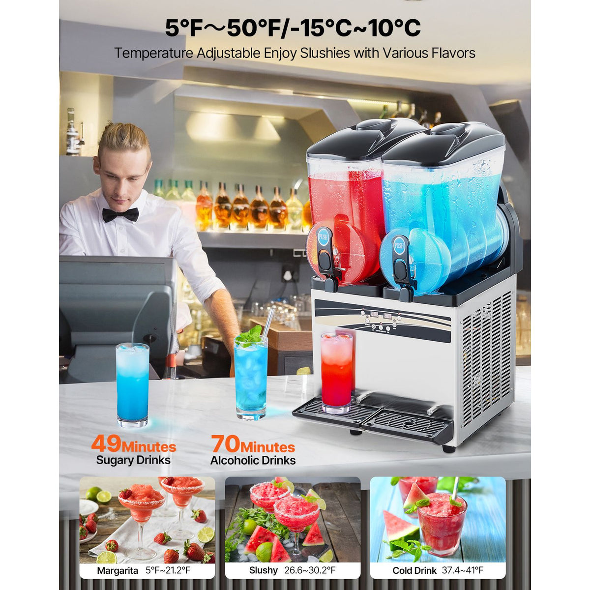 Commercial Frozen Drink Maker, 15Lx2 Double Tank Slushy Machine, 120 Cups Stainless Steel Margarita Smoothie Frozen Drink Machine, Slushie Maker for Home Party Restaurants Cafe Bars