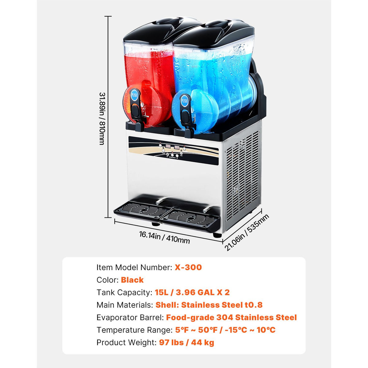Commercial Frozen Drink Maker, 15Lx2 Double Tank Slushy Machine, 120 Cups Stainless Steel Margarita Smoothie Frozen Drink Machine, Slushie Maker for Home Party Restaurants Cafe Bars
