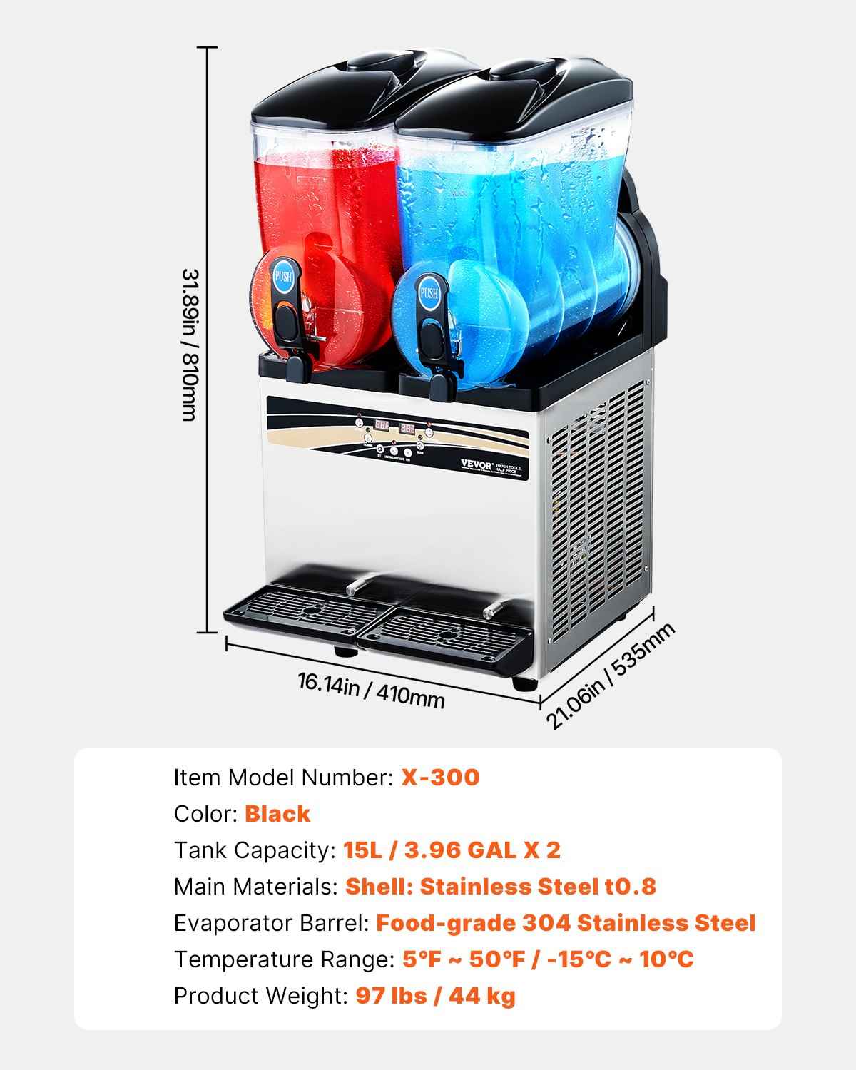 VEVOR Commercial Frozen Drink Maker, 15Lx2 Double Tank Slushy Machine, 120 Cups Stainless Steel Margarita Smoothie Frozen Drink Machine, Slushie Maker for Home Party Restaurants Cafe Bars