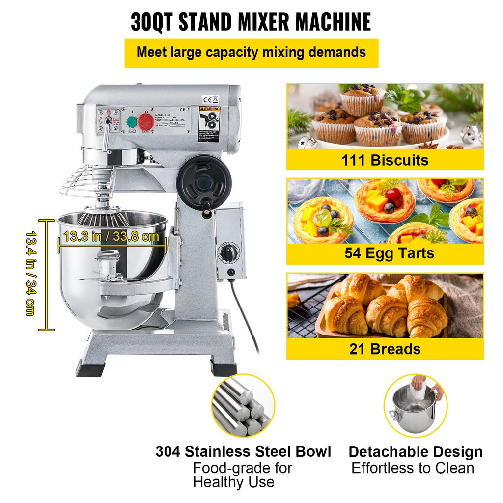 VEVOR Commercial Food Mixer 30Qt, Food Mixer Commercial with Timing Function, 1100W Stainless Steel Bowl Heavy Duty Electric Commercial Mixer with 3 Speeds Adjustable 108/199/382 RPM, Dough Hook Whisk