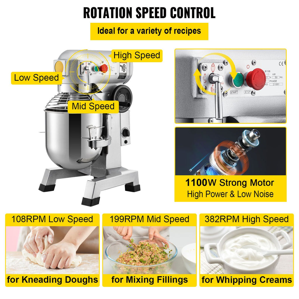 VEVOR Commercial Food Mixer 30Qt, Food Mixer Commercial with Timing Function, 1100W Stainless Steel Bowl Heavy Duty Electric Commercial Mixer with 3 Speeds Adjustable 108/199/382 RPM, Dough Hook Whisk